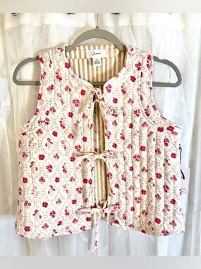 NWT Japna Floral Tie Front Vest Cottagecore Sleeveless Top Cream Red Small
